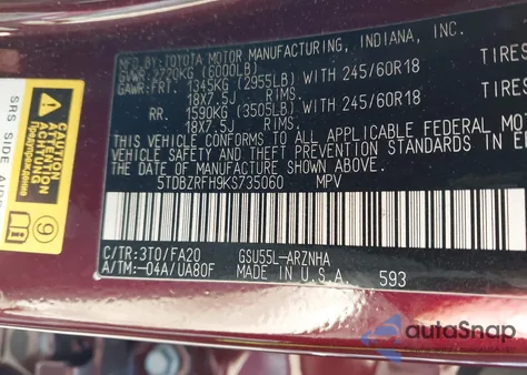 2019 Toyota Highlander Le Plus from USA, damaged, VIN 5TDBZRFH9KS735060